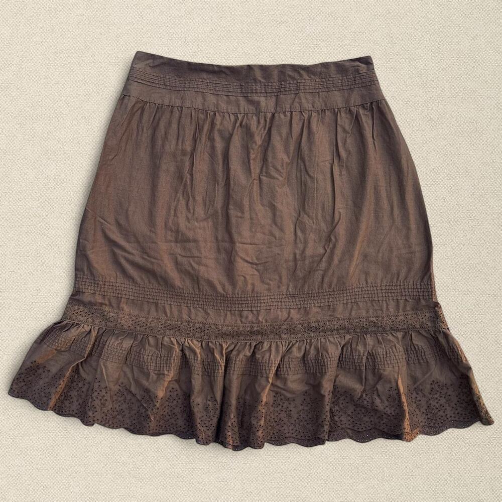 Chaps Brown 100% Cotton Midi Skirt w Eyelet Embroidery sz 12